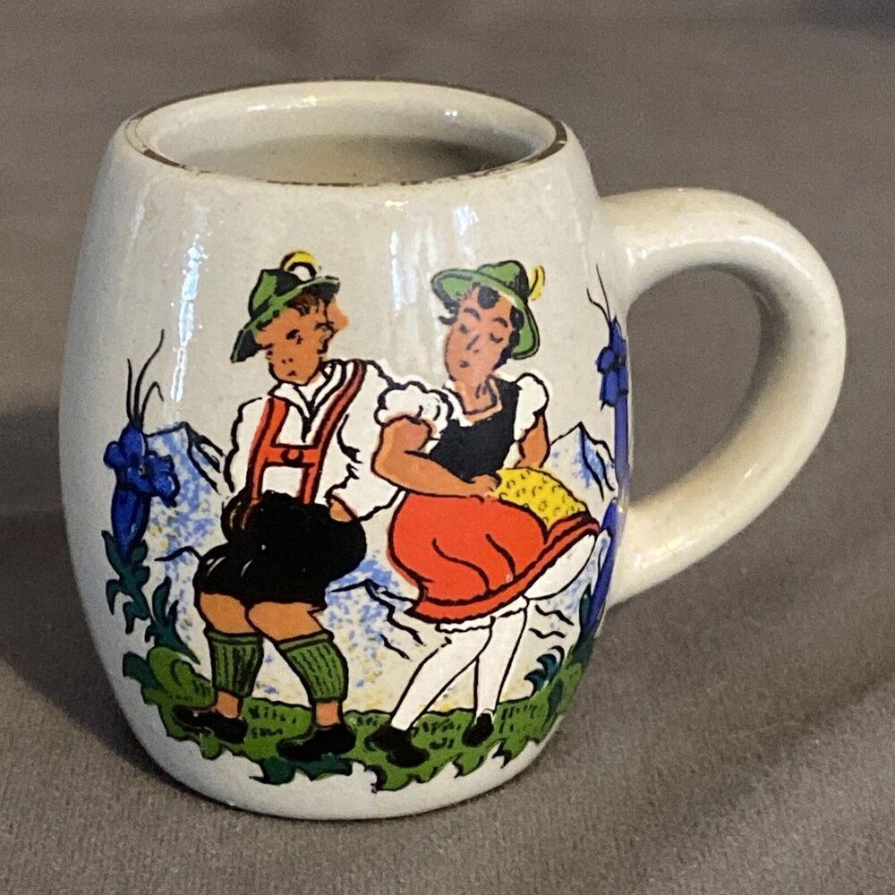 West Germany Stoneware Shot Glass Stein Mug Handle Miniature Vintage Dancing